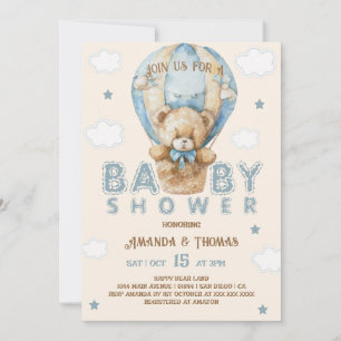 Convites Urso de pelúcia azul vintage chá de bebê masculino