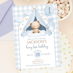 Convites Urso de pelúcia azul xadrez balão menino 1º aniver