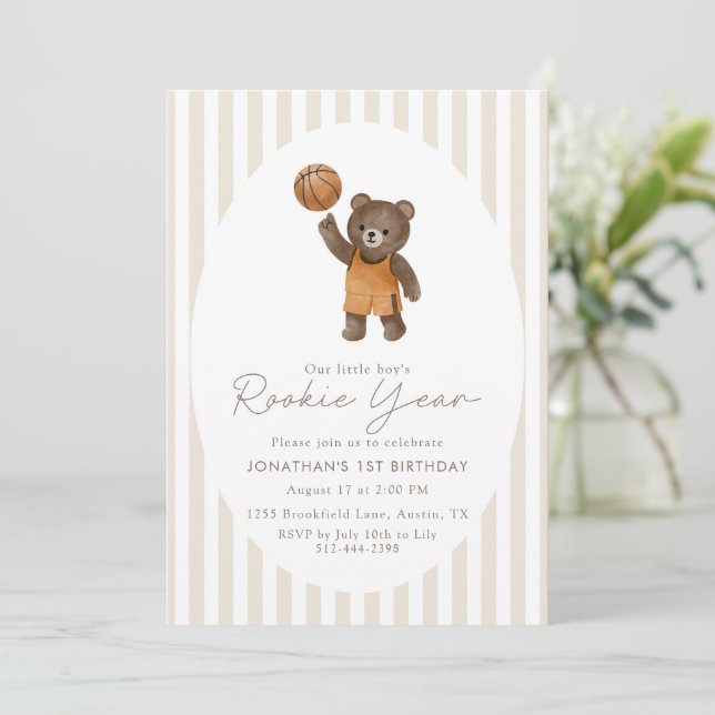 Convites Urso de pelúcia bege Ano de iniciante 1º Aniversár (Em pé/Frente)