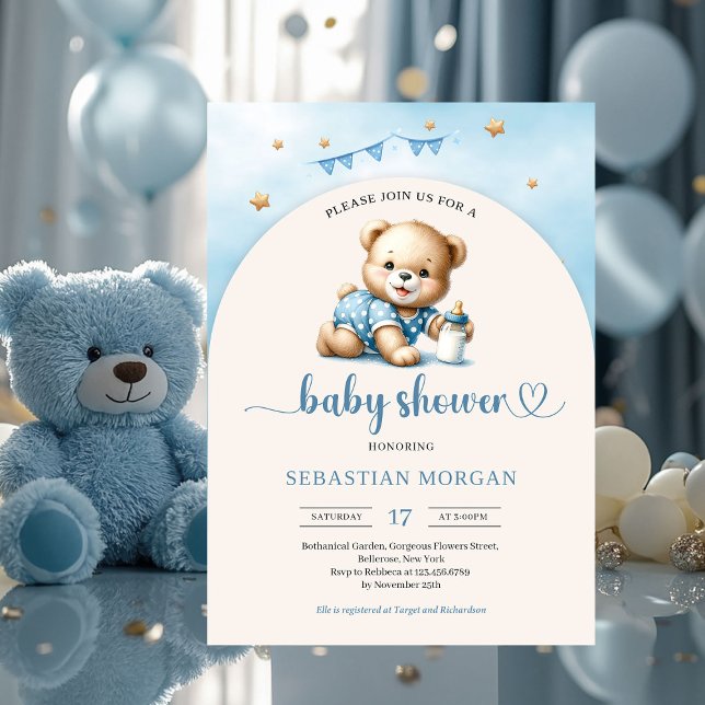Convites Urso de pelúcia bonitinho com garçom (cute playful baby bear boy baby shower invitation digital)