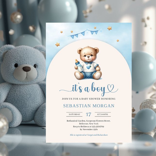 Convites Urso de pelúcia bonitinho com garçom (cute teddy bear with baby bottle arched boy baby shower invitation)