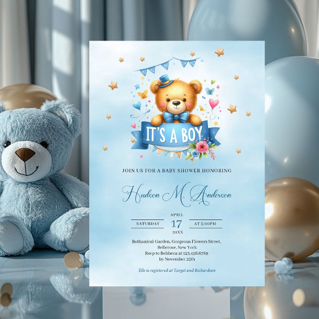 Convites Urso de pelúcia bonito é um chá de fraldas de meni (playful cute teddy bear it's a boy baby shower invitation)