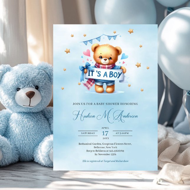 Convites Urso de pelúcia bonito é um chá de fraldas de meni (watercolor teddy bear with ribbon it's a boy baby shower invitation)