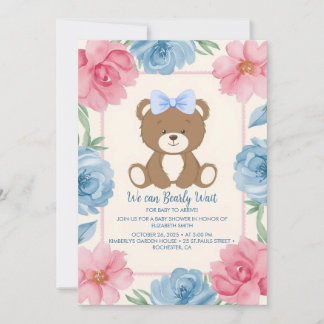 Convites Urso de pelúcia-branca com arco azul em rosas