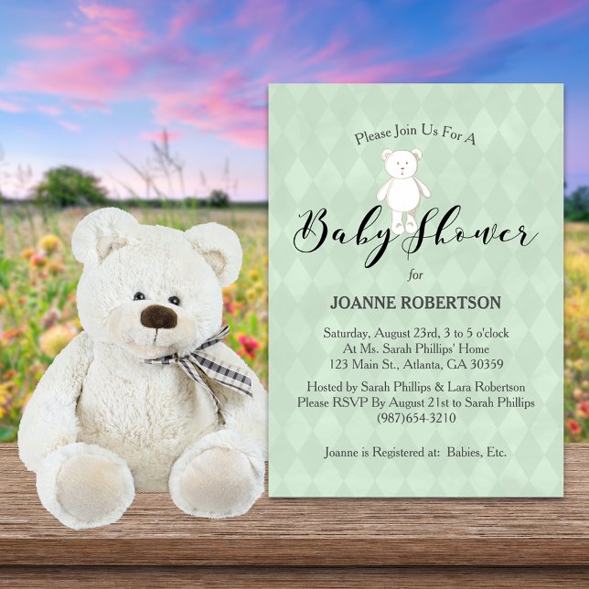 Convites Urso de Pelúcia Branco Diamante Verde Sage Churras (Criador carregado)