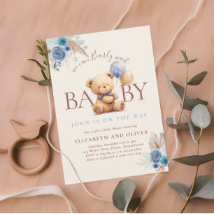 Convites Urso de Pelúcia com Balão Boho Rosa Azul Baby Show