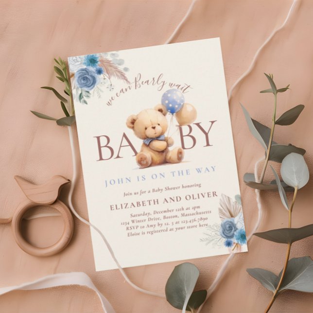 Convites Urso de Pelúcia com Balão Boho Rosa Azul Baby Show (Criador carregado)
