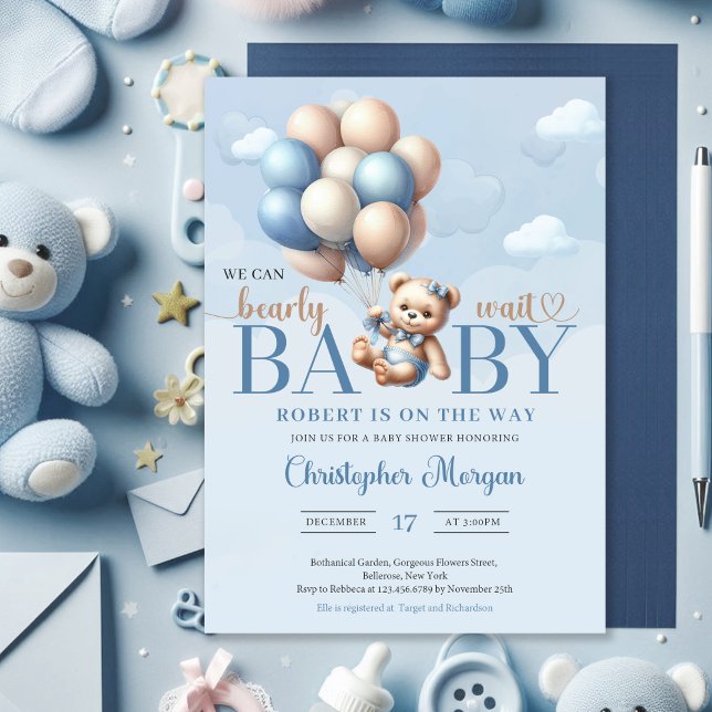 Convites Urso de pelúcia com balões descendo do céu (We can bearly wait - boy baby shower invitation teddy bear blue and brown balloons)