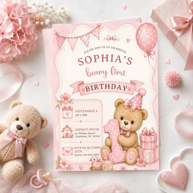 Convites Urso de pelúcia com laço rosa xadrez de aniversári (Criador carregado)