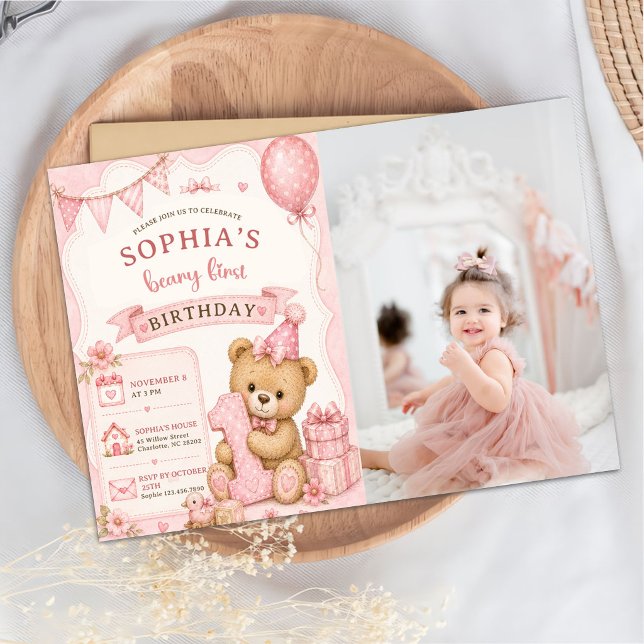 Convites Urso de pelúcia com laço rosa xadrez de aniversári (Criador carregado)