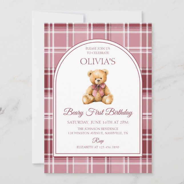 Convites Urso de pelúcia com laço rosa xadrez de aniversári (Frente)