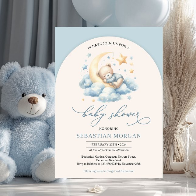 Convites Urso de pelúcia de arco-íris sobre o menino da lua (ute sleeping teddy bear boy baby shower invitation)