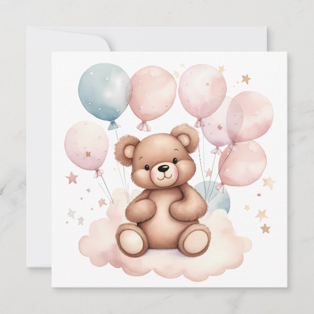 Convites Urso de pelúcia de balão aquarela (Frente)