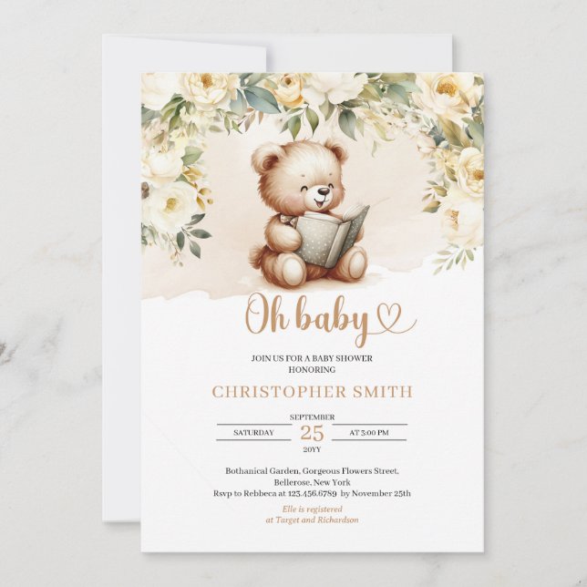 Convites Urso de pelúcia-de-boho lendo livro verde e marrom (Frente)