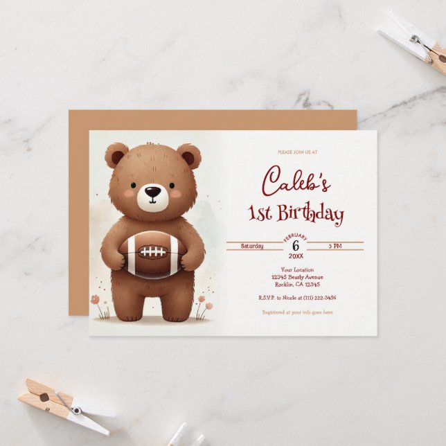 Convites Urso de pelúcia de futebol em aquarela Aniversário (Frente/Verso In Situ)