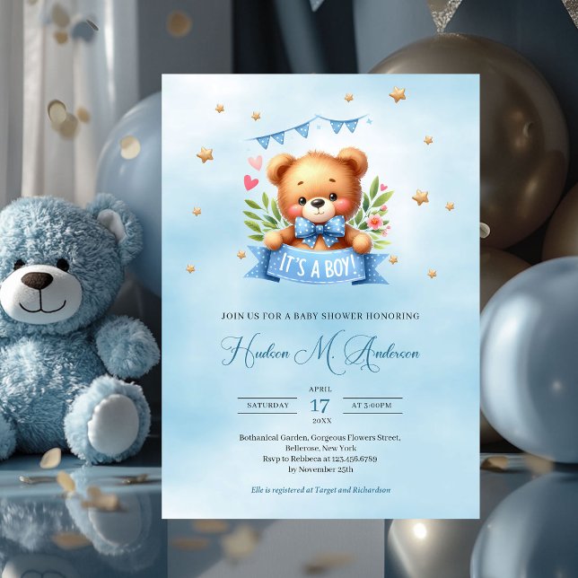 Convites Urso de pelúcia doce é um chá de fraldas de menino (cute teddy bear it's a boy baby shower invitation)