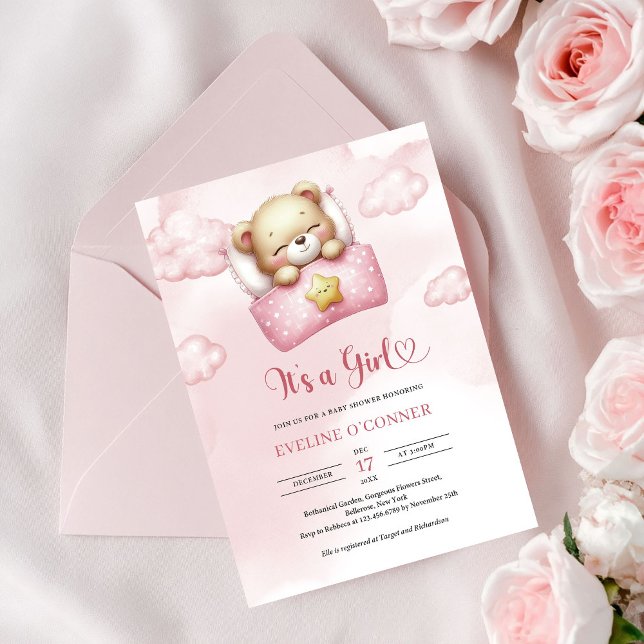 Convites Urso de pelúcia dormindo fofo É um Chá de Bebê Men (Cute sleeping teddy bear It's a Girl baby Shower Invitation)