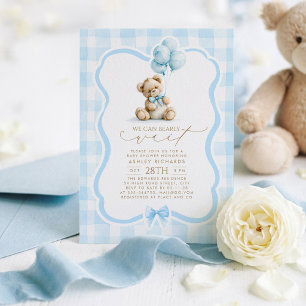 Convites Urso de Pelúcia Elegante Xadrez Azul Pastel Churra