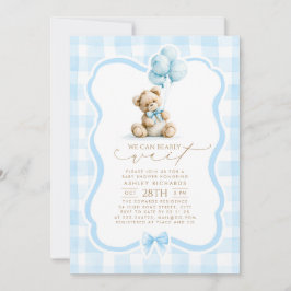 Convites Urso de Pelúcia Elegante Xadrez Azul Pastel Churra