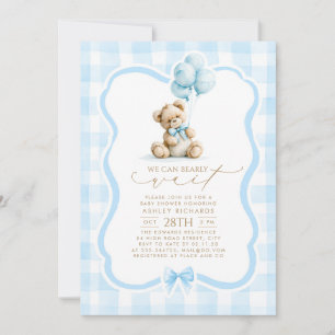 Convites Urso de Pelúcia Elegante Xadrez Azul Pastel Churra