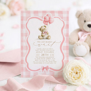 Convites Urso de pelúcia Elegante Xadrez Rosa Pastel Churra