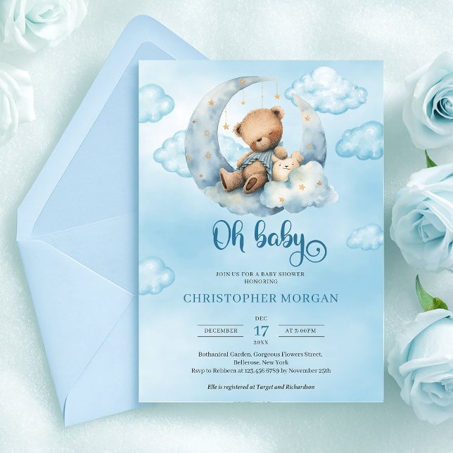 Convites Urso de pelúcia em aquarela dormindo sobre a lua (Cute Sleeping Teddy Bear Boy Baby Shower Editable Invitation –)