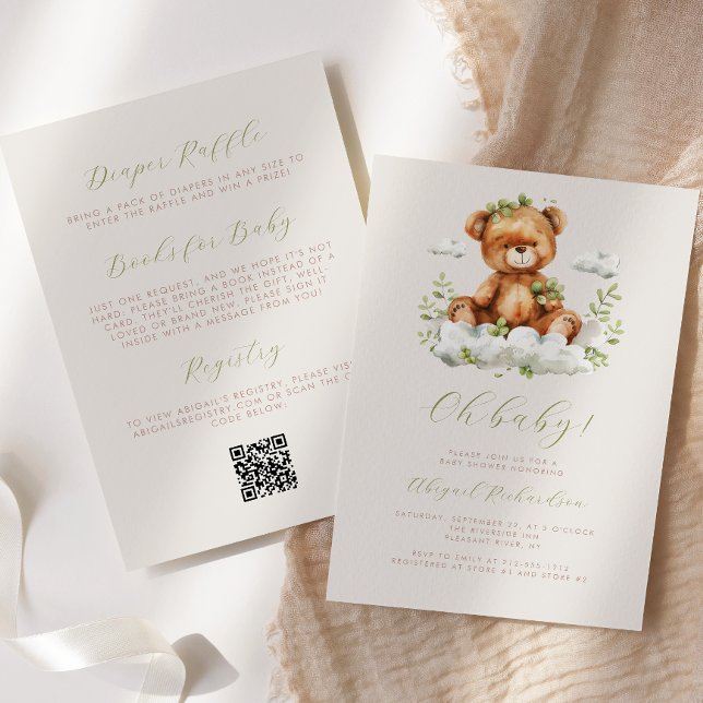 Convites Urso de Pelúcia Eucalipto Verde Código QR Chá de B (Criador carregado)