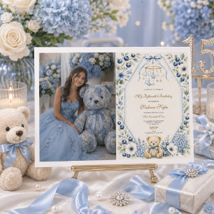 Convites Urso de pelúcia floral azul - Festa de 15 anos