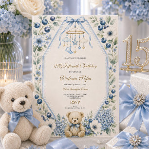 Convites Urso de pelúcia floral azul - Festa de 15 anos