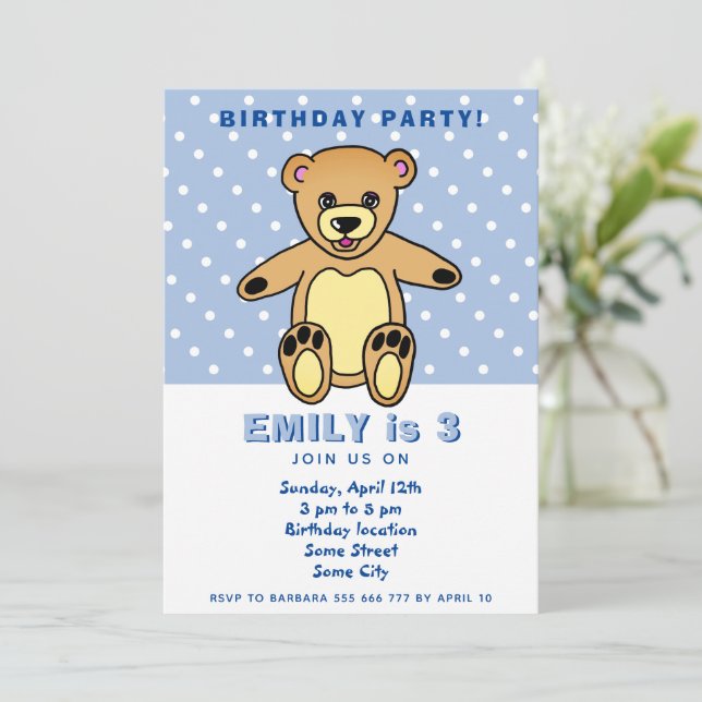 Convites Urso De Pelúcia Fofo Azul Bolinhas Aniversário Inf (Em pé/Frente)