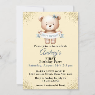 Convites Urso de Pelúcia Fofo com Faixa de Feliz Aniversári