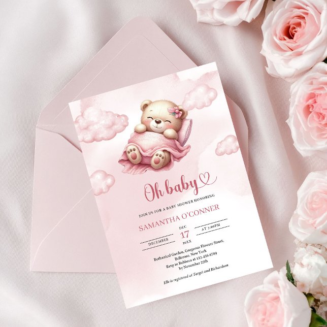 Convites Urso de pelúcia fofo dormindo no céu rosa e nuvens (Cute sleeping teddy bear in pink sky and clouds invitation)