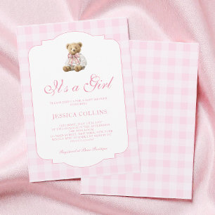 Convites Urso de pelúcia Gingham Rosa É uma Menina Chá de B