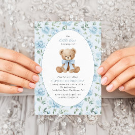 Convites Urso de Pelúcia, Laço Azul, Flores Azuis, Primeiro