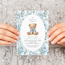 Convites Urso de Pelúcia, Laço Azul, Flores Azuis, Primeiro
