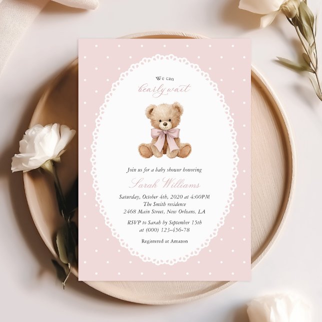 Convites Urso de Pelúcia, Laço Rosa, Bolinhas Rosa, Chá de  (Criador carregado)