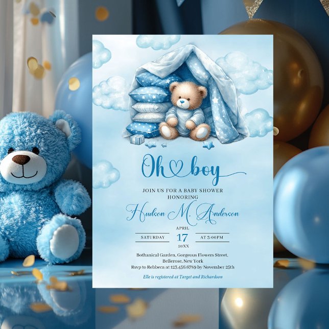 Convites Urso de pelúcia marrom, de cor aquosa, de boho, nu (cute sleeping teddy bear - boy baby shower invitation)