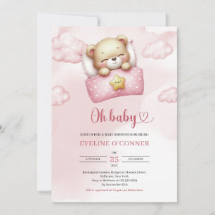 Convites Urso de pelúcia menina aquarela rosa empoeirado e