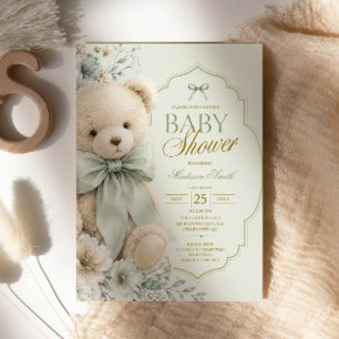 Convites Urso de pelúcia menino verde Sage Churrasco de beb