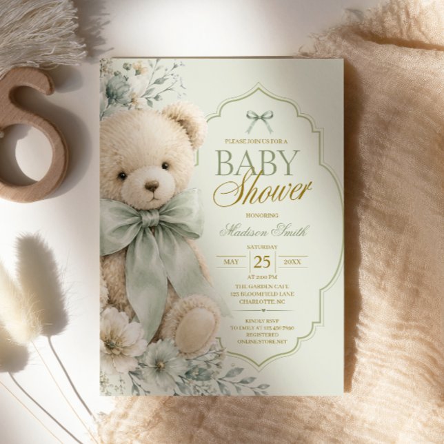 Convites Urso de pelúcia menino verde Sage Churrasco de beb (Criador carregado)