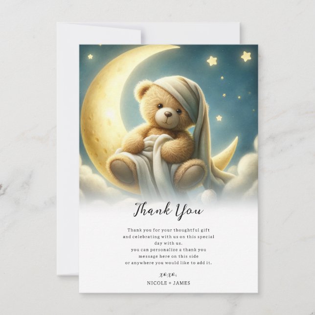 Convites Urso de Pelúcia na Lua Luz Estrelas Chã de Bebê (Frente)
