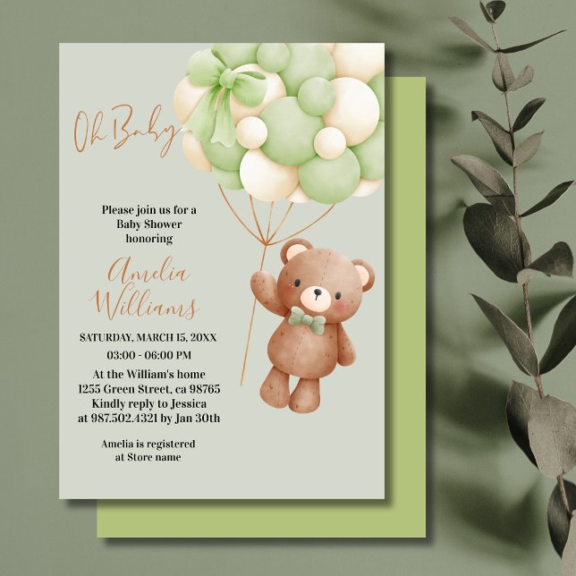 Convites Urso de Pelúcia Neutro Oh Bebê Balão Verde Bebê (Criador carregado)