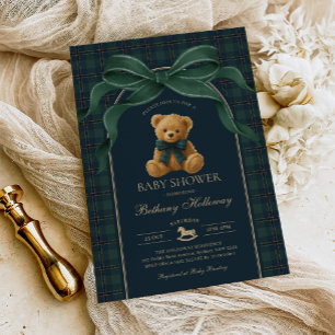 Convites Urso de pelúcia Polo Vintage em xadrez verde para