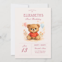 Convites Urso de Pelúcia Primeiro Aniversário Coral Floral
