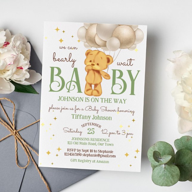 Convites Urso de pelúcia que espera chá de fraldas verde-ca (Teddy bear bearly wait baby shower template invitation cute teddy bear with balloons sage green brow)