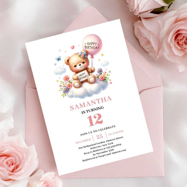 Convites Urso de pelúcia querido balão menina das flores an (Darling teddy bear balloon flower girl birthday invitation

)