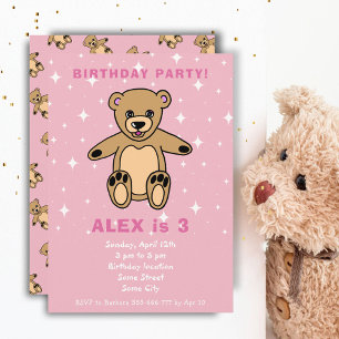 Convites Urso de Pelúcia Rosa Aniversário de Menina Fofa