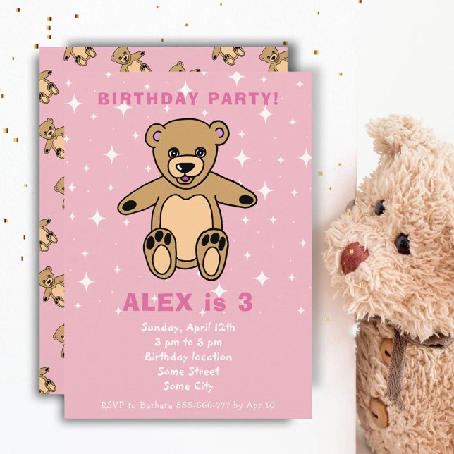 Convites Urso de Pelúcia Rosa Aniversário de Menina Fofa (Criador carregado)
