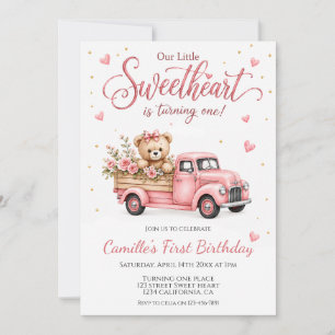 Convites Urso de pelúcia rosa Caminhão vintage Floral 1º An
