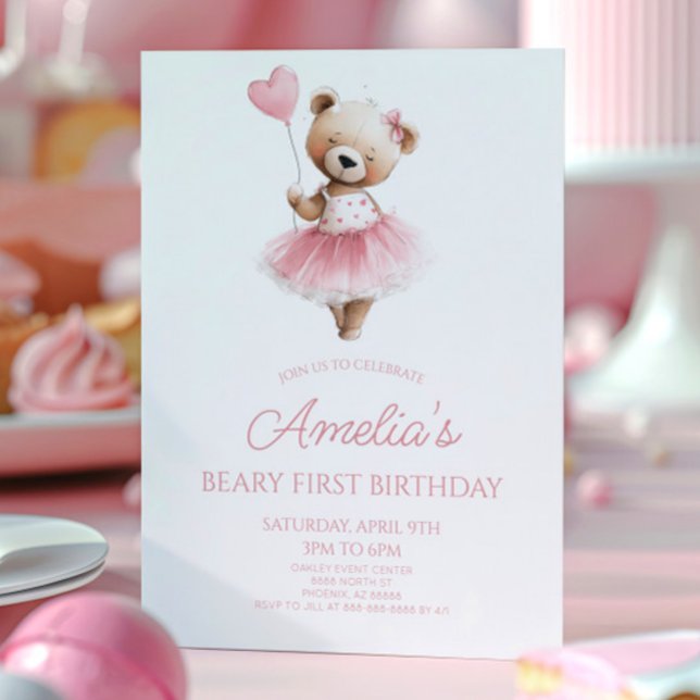 Convites Urso de Pelúcia Rosa Festa de 1º Aniversário (Criador carregado)